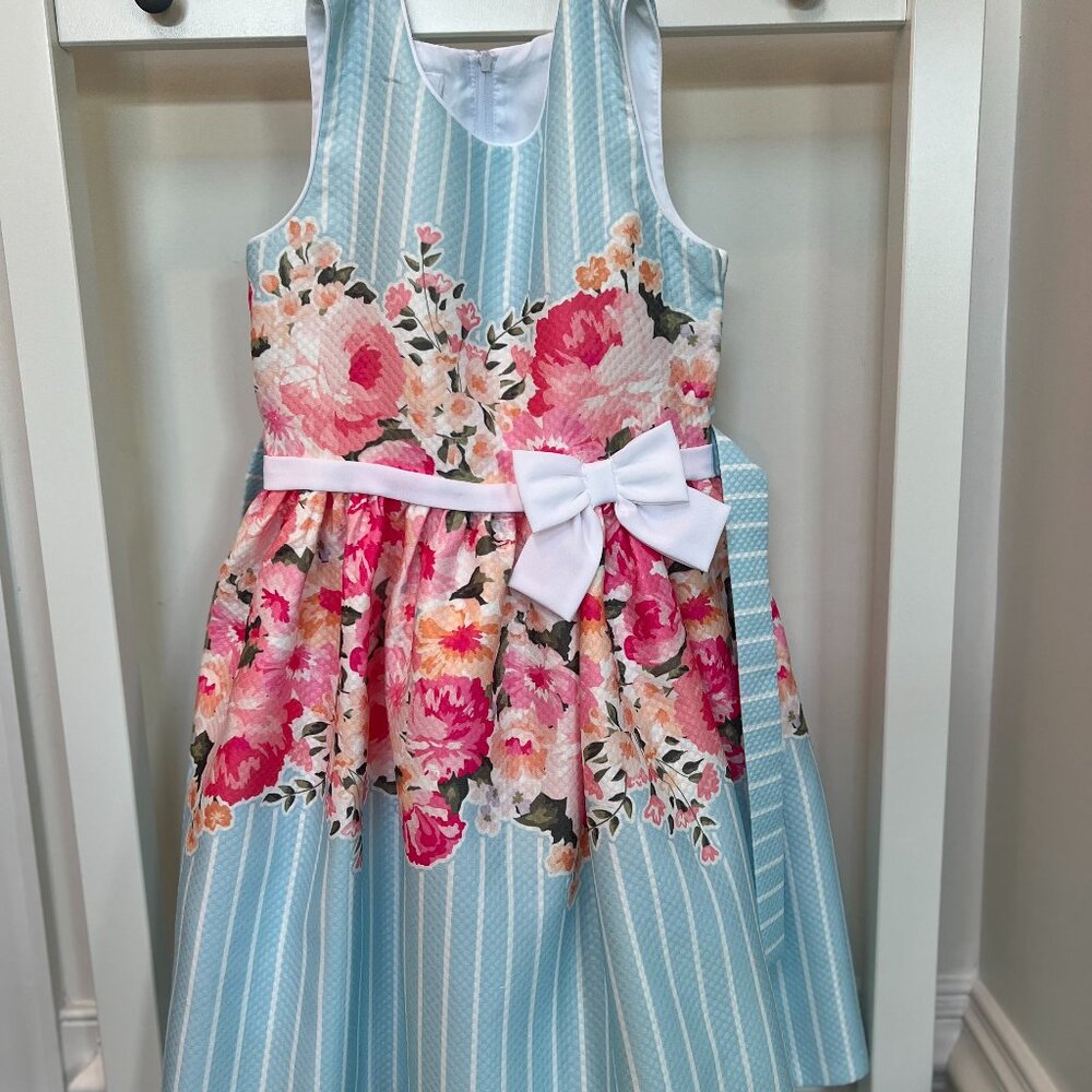 Bonnie Jean Girls’ Floral Fit & Flare Dress – Blue Stripe with White Tie